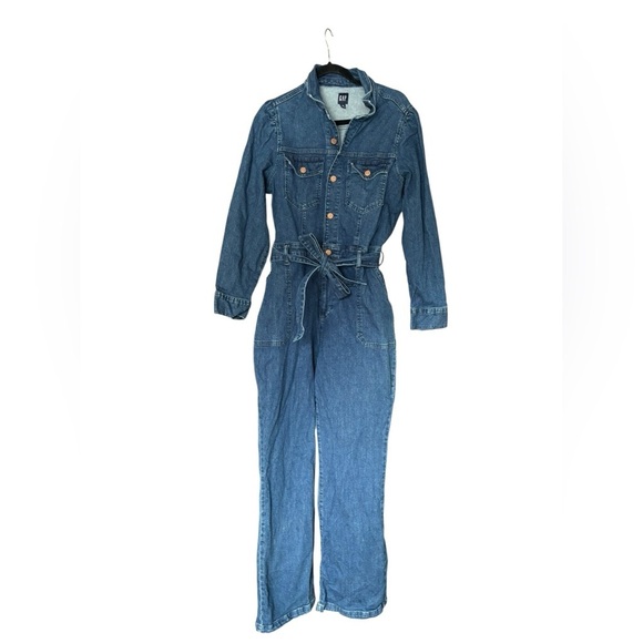 GAP Western Denim Jumpsuit Tie Waist Puff Shoulder Dark Wash Size 16 - Picture 2 of 9